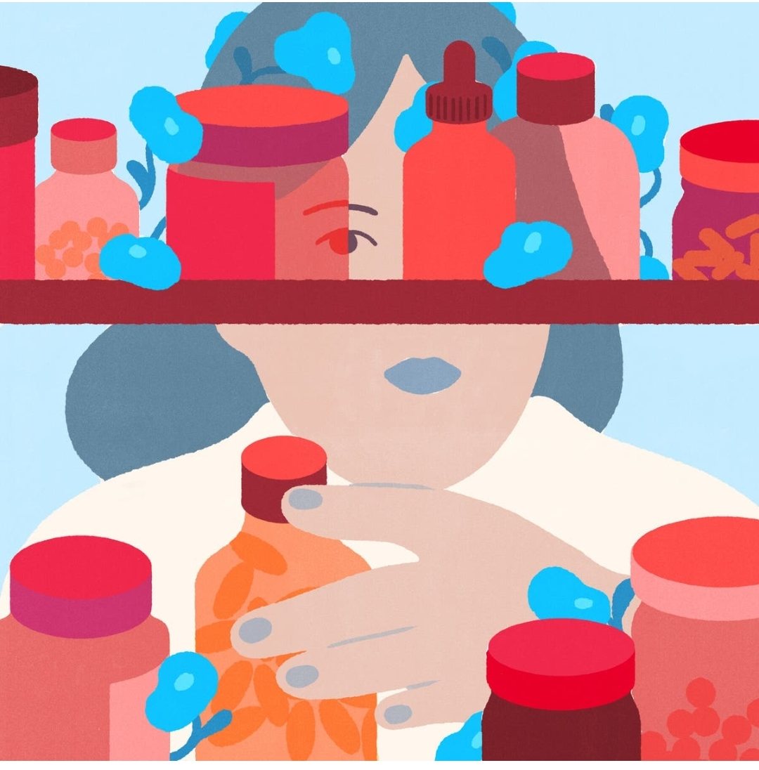 Illustration of a woman partly hidden behind shelves of red supplement bottles