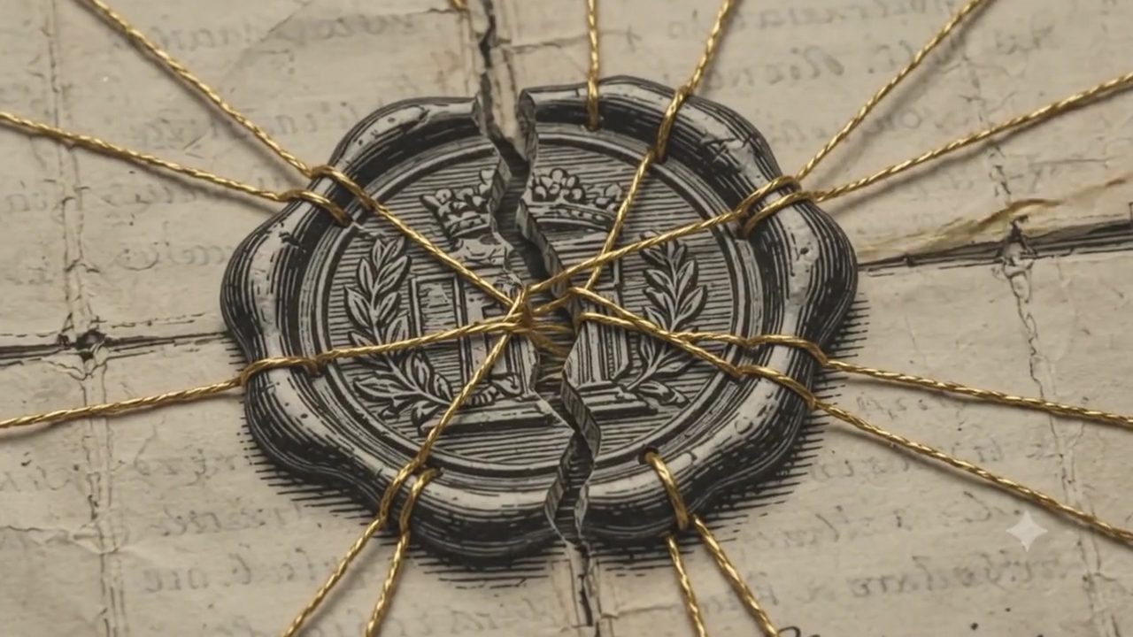 FP3 SATYRICON N°006 — L'effetto oltre la prova. Engraved plate: a broken official wax seal on a folded document, golden threads still binding shut a stack of other sealed papers; cartouche reads sigillo infranto, vincolo intatto.