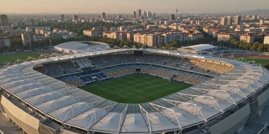 Football stadium seen from above at dusk