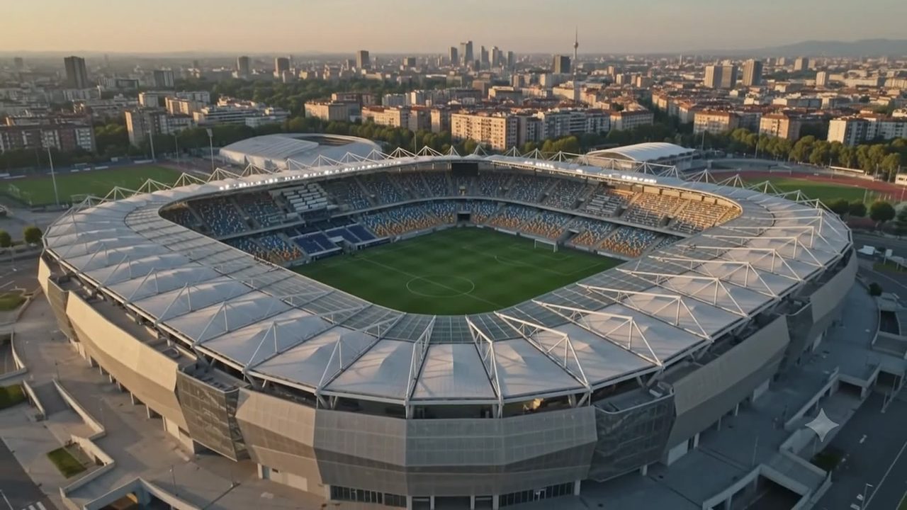Aerial view of a football stadium at golden hour with the city skyline behind