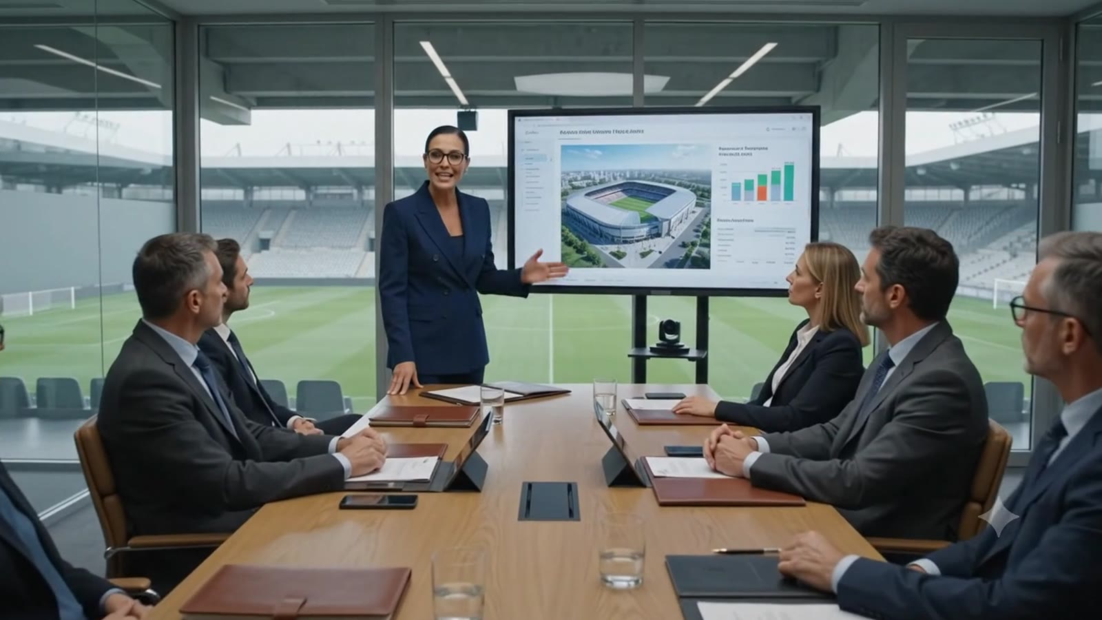 Boardroom presentation with performance charts and a stadium visible through the window