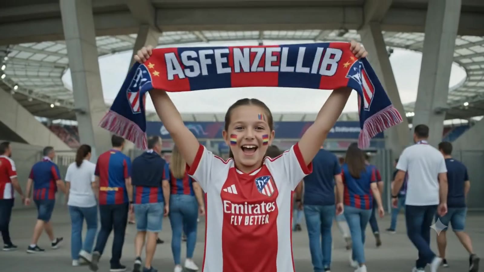 Supporters in club colours raising scarves outside a stadium concourse