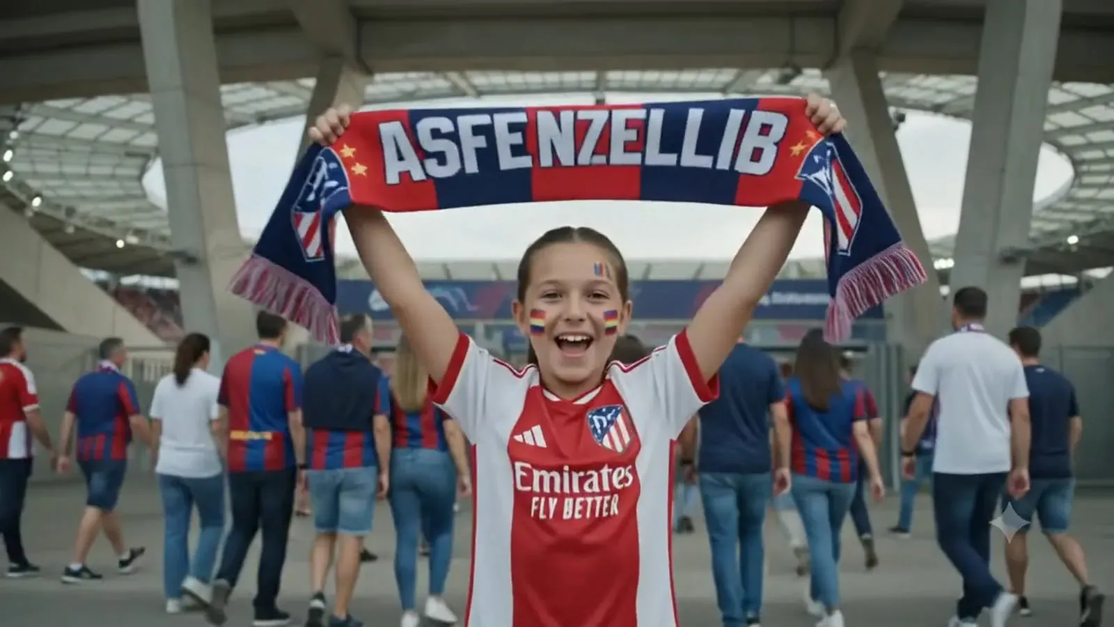 Supporters in club colours raising scarves outside a stadium concourse