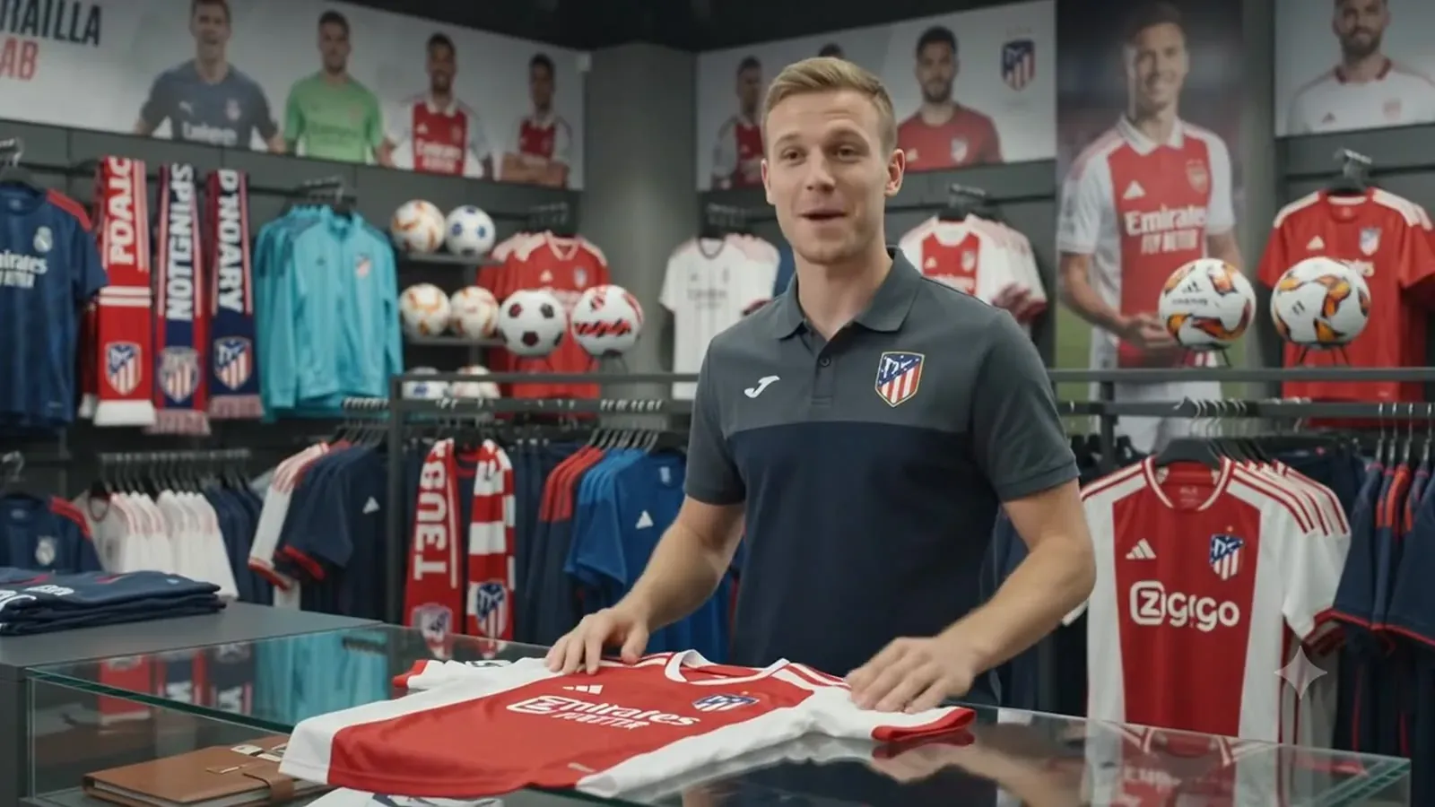 Club retail floor, replica shirts and merchandise displayed under branded signage